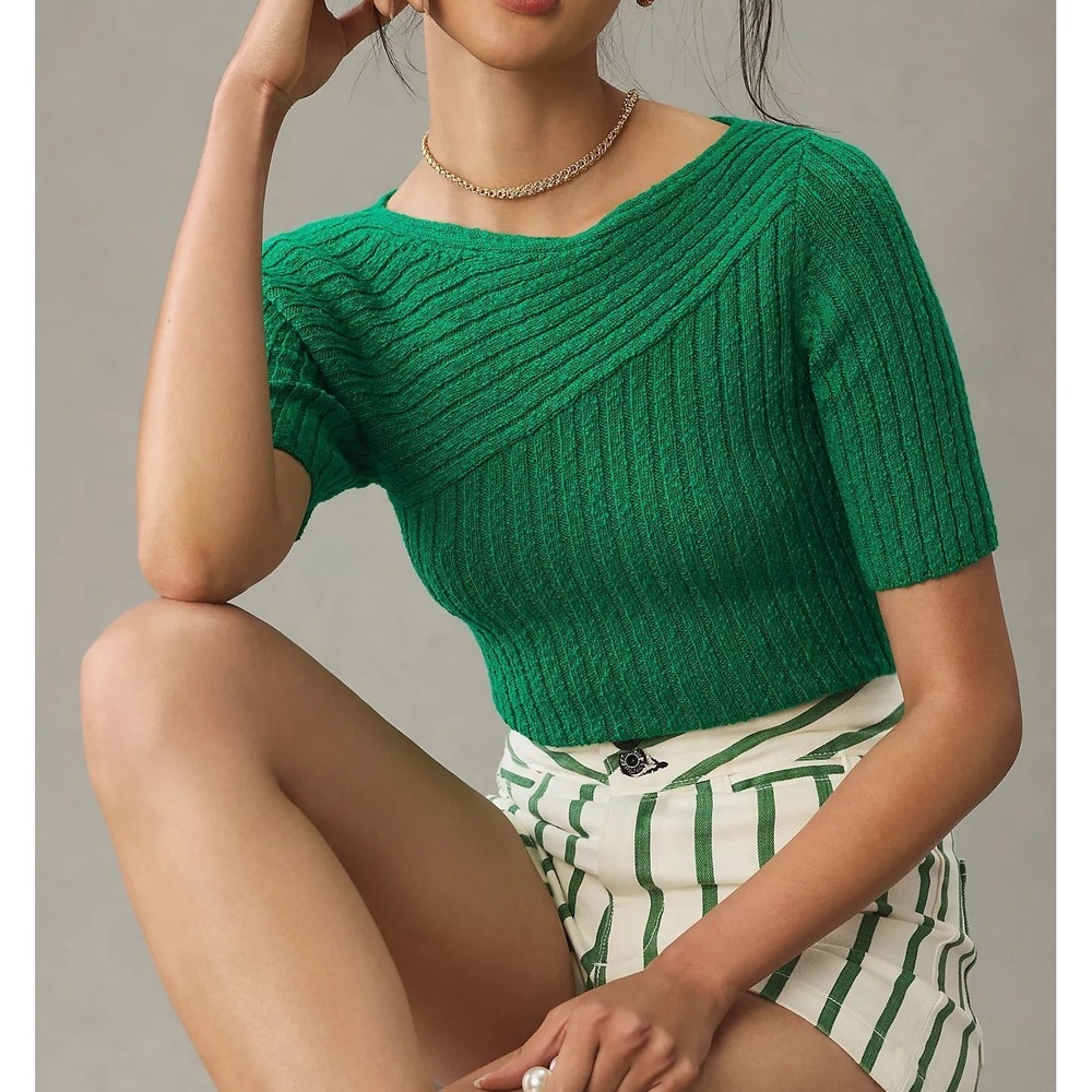 Anthropologie Maeve Ribbed Sweater Tee Top Green Ribbed Boat Neck - Large